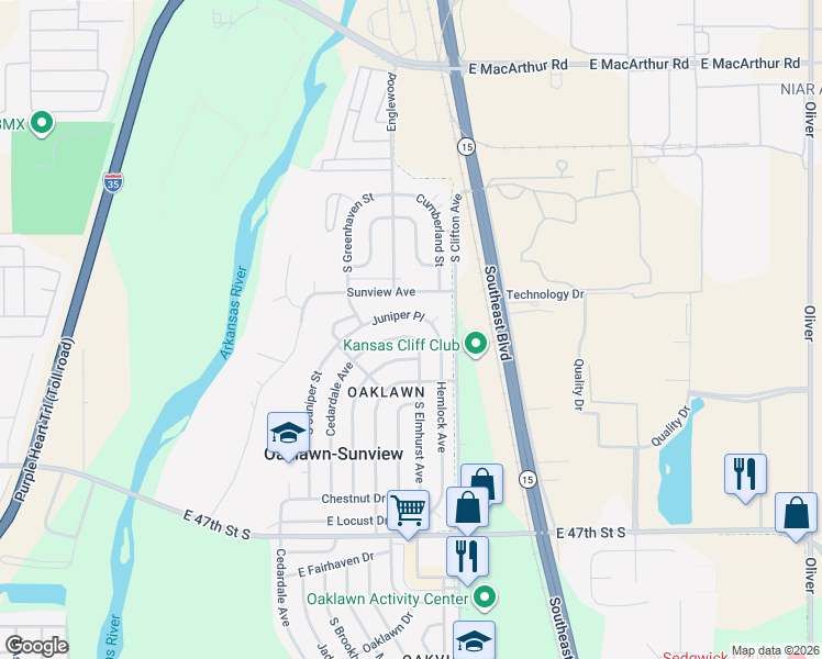 map of restaurants, bars, coffee shops, grocery stores, and more near 4401 South Hemlock Avenue in Wichita