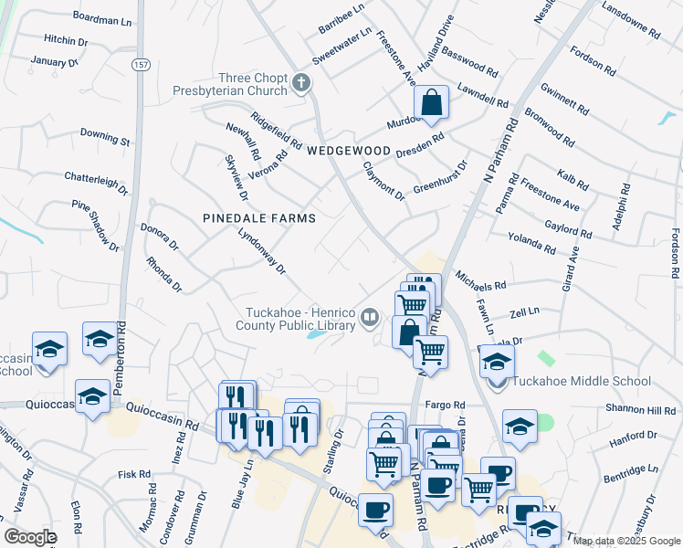 map of restaurants, bars, coffee shops, grocery stores, and more near 9211 Oak Springs Court in Richmond
