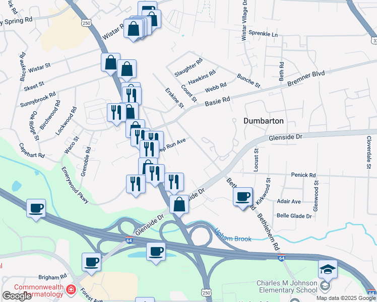 map of restaurants, bars, coffee shops, grocery stores, and more near 7119 Bethlehem Road in Richmond