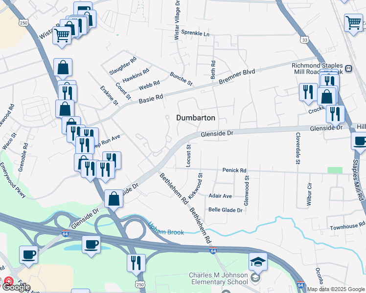 map of restaurants, bars, coffee shops, grocery stores, and more near 5201 Glenside Drive in Richmond