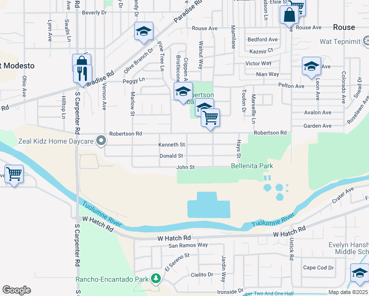 map of restaurants, bars, coffee shops, grocery stores, and more near 1909 Kenneth Street in Modesto
