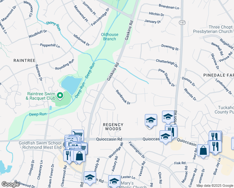 map of restaurants, bars, coffee shops, grocery stores, and more near 9633 Rainbrook Drive in Richmond