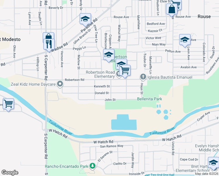 map of restaurants, bars, coffee shops, grocery stores, and more near 1909 Kenneth Street in Modesto