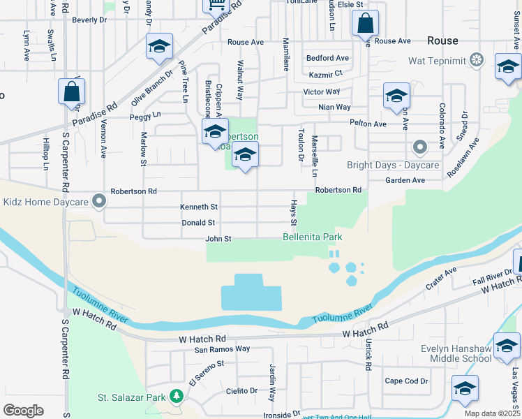 map of restaurants, bars, coffee shops, grocery stores, and more near 1736 Kenneth Street in Modesto