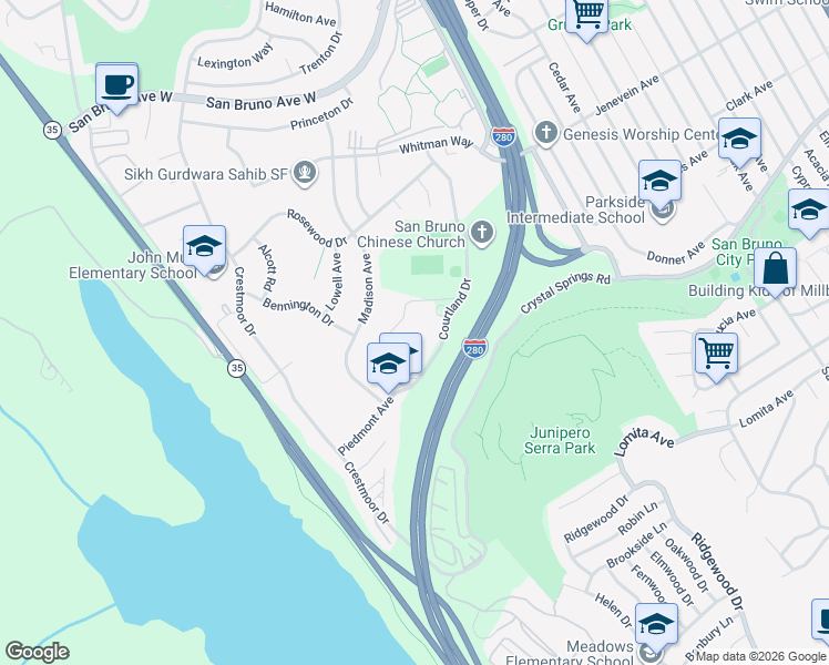 map of restaurants, bars, coffee shops, grocery stores, and more near 300 Piedmont Avenue in San Bruno
