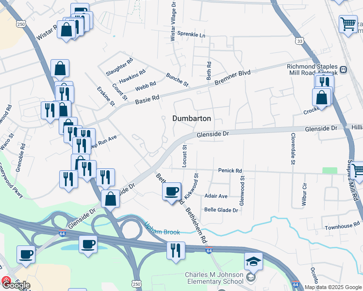map of restaurants, bars, coffee shops, grocery stores, and more near 5201 Glenside Drive in Richmond
