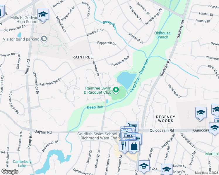 map of restaurants, bars, coffee shops, grocery stores, and more near 10220 Raintree Commons Lane in Richmond