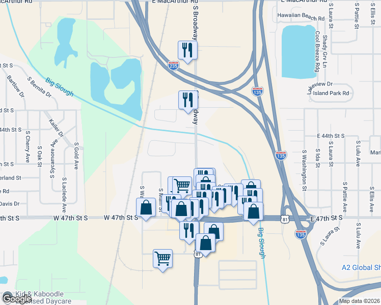 map of restaurants, bars, coffee shops, grocery stores, and more near 4521 South Broadway in Wichita