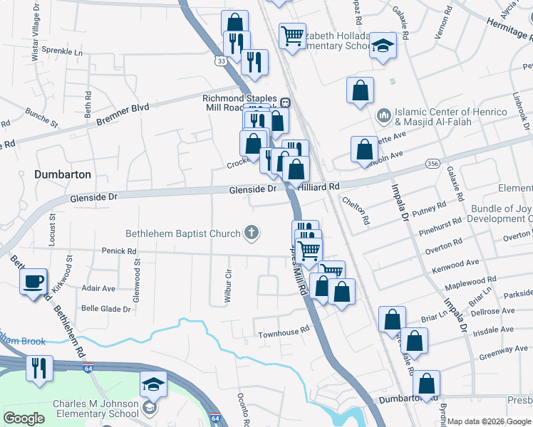 map of restaurants, bars, coffee shops, grocery stores, and more near 111 Greencourt Road in Richmond