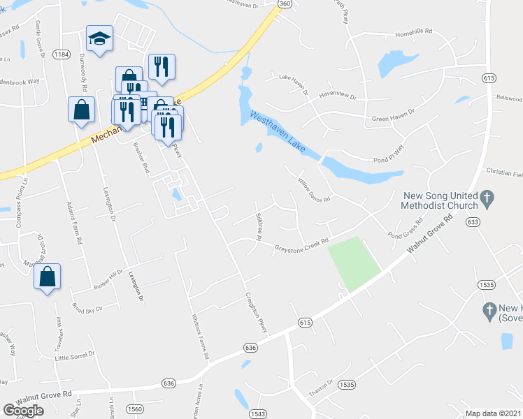 map of restaurants, bars, coffee shops, grocery stores, and more near 7858 Silktree Place in Mechanicsville