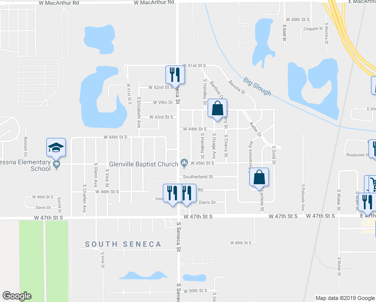 map of restaurants, bars, coffee shops, grocery stores, and more near 4545 South Walnut Avenue in Wichita