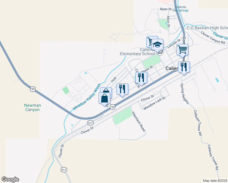 map of restaurants, bars, coffee shops, grocery stores, and more near 945 Lincoln Street in Caliente