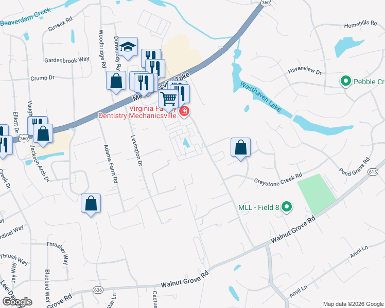 map of restaurants, bars, coffee shops, grocery stores, and more near 7415 Pebble Lake Drive in Mechanicsville