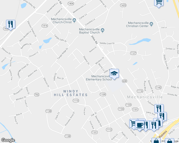 map of restaurants, bars, coffee shops, grocery stores, and more near 8197 Windsor Drive in Mechanicsville