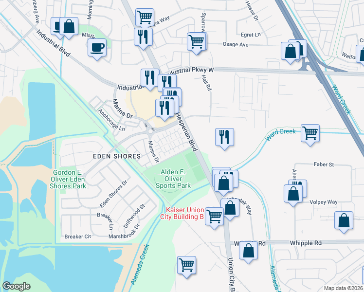 map of restaurants, bars, coffee shops, grocery stores, and more near 2632 Admiral Circle in Hayward