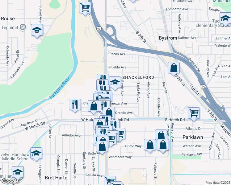 map of restaurants, bars, coffee shops, grocery stores, and more near 100 School Avenue in Modesto