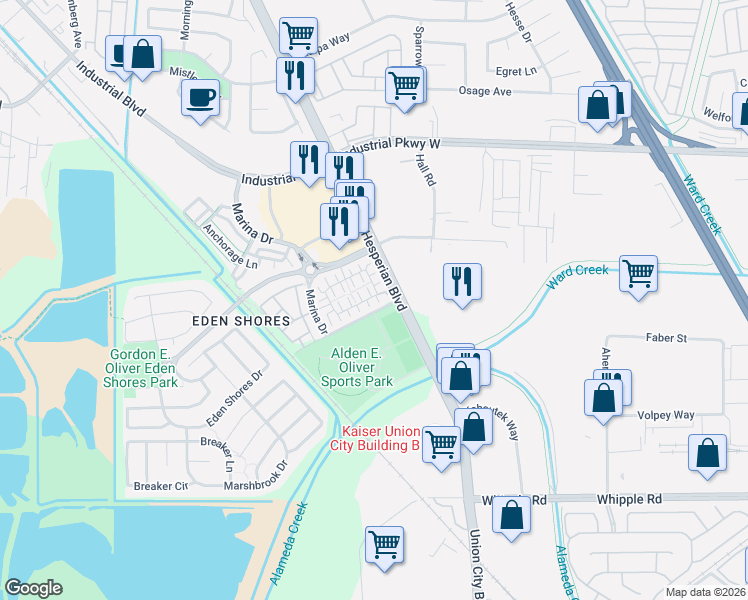 map of restaurants, bars, coffee shops, grocery stores, and more near 2632 Admiral Circle in Hayward
