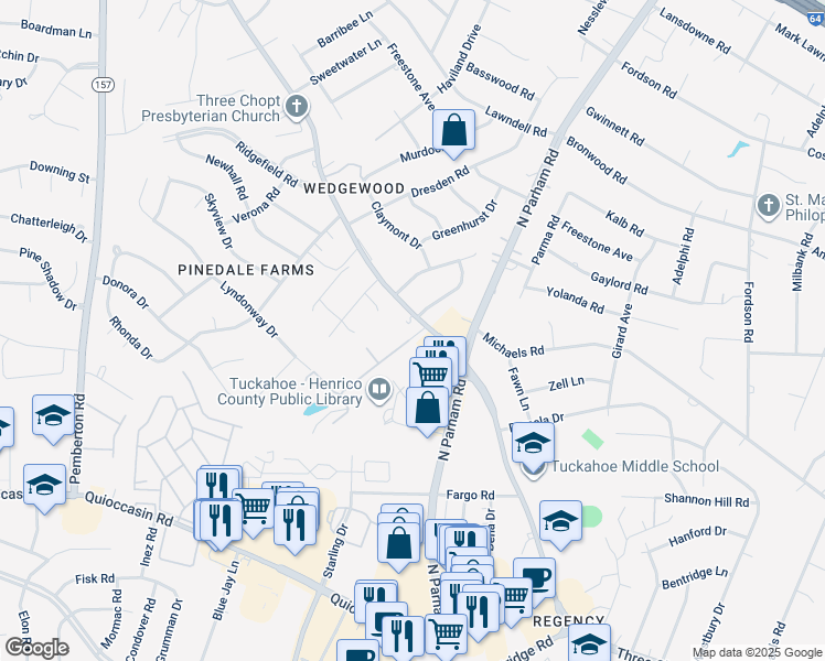 map of restaurants, bars, coffee shops, grocery stores, and more near 9105 Three Chopt Road in Richmond