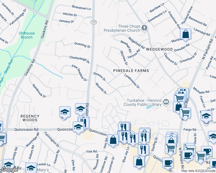 map of restaurants, bars, coffee shops, grocery stores, and more near 9307 Donora Drive in Richmond