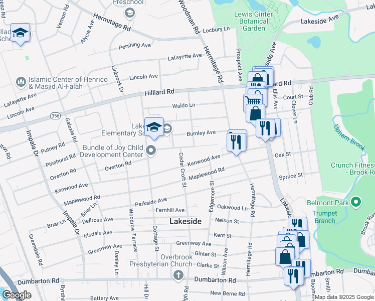 map of restaurants, bars, coffee shops, grocery stores, and more near 2517 Williams Street in Henrico