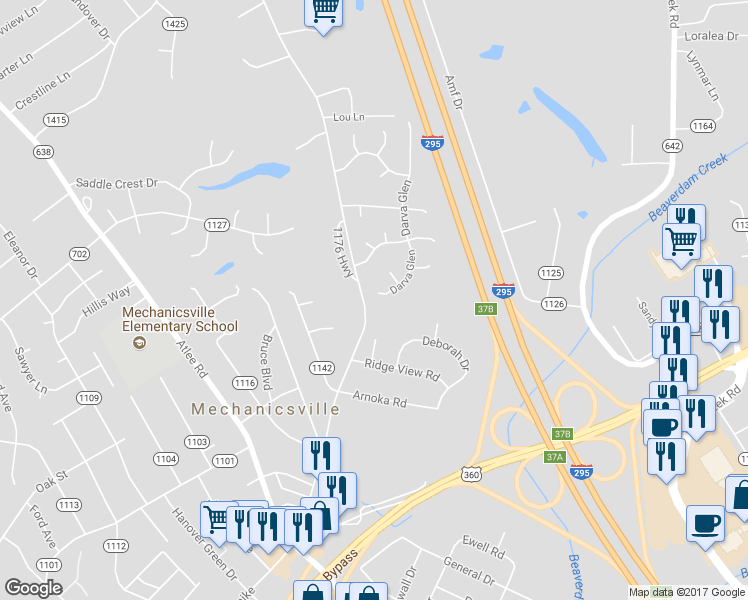 map of restaurants, bars, coffee shops, grocery stores, and more near 7428 Darva Glen in Mechanicsville