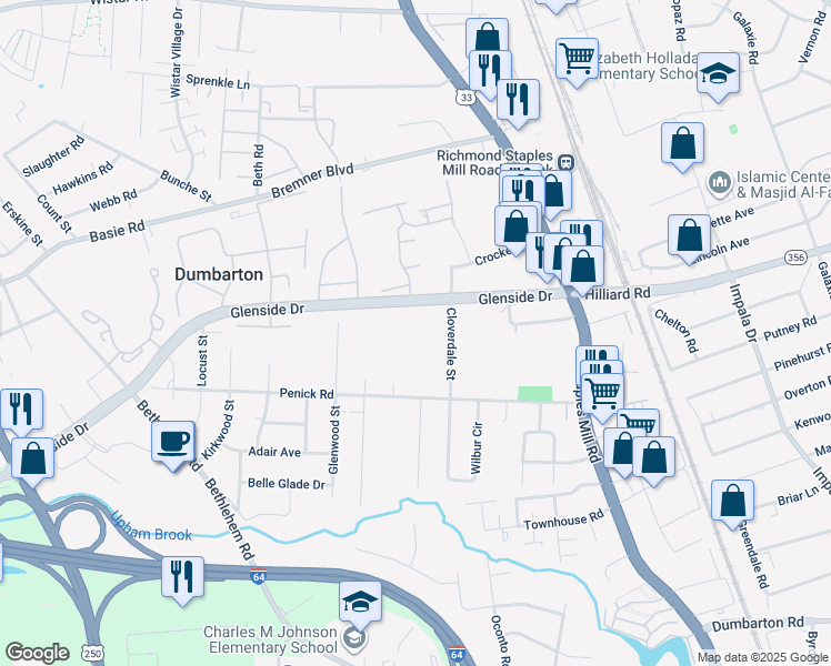 map of restaurants, bars, coffee shops, grocery stores, and more near 6900 Dellwood Street in Henrico