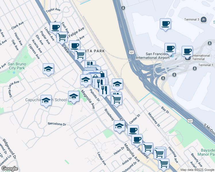 map of restaurants, bars, coffee shops, grocery stores, and more near 1018 San Anselmo Avenue in San Bruno