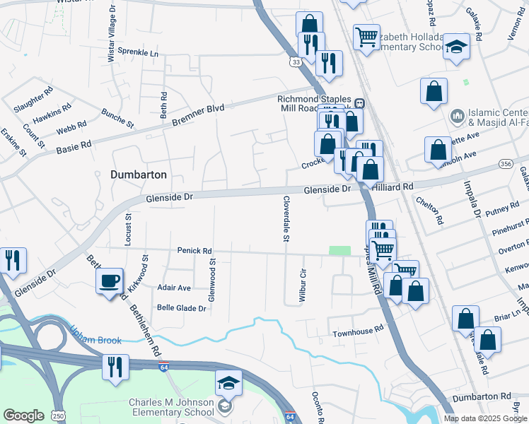 map of restaurants, bars, coffee shops, grocery stores, and more near 6900 Dellwood Street in Henrico