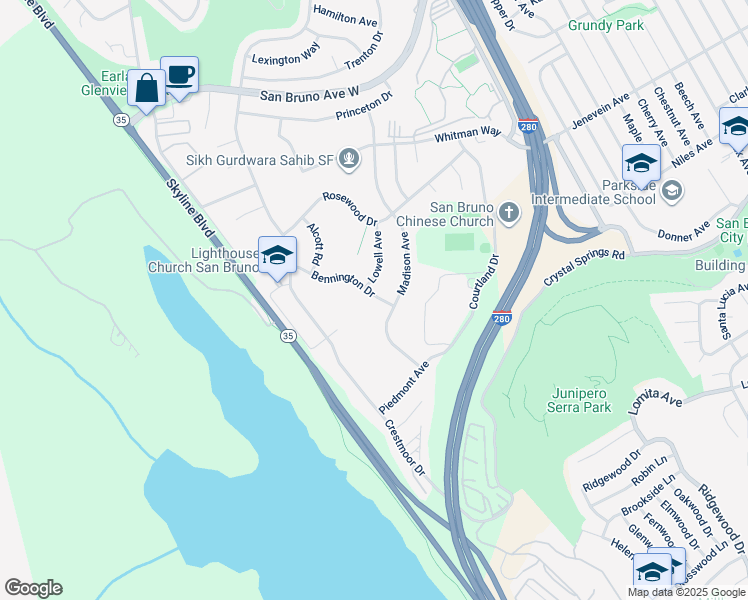 map of restaurants, bars, coffee shops, grocery stores, and more near 2331 Bennington Drive in San Bruno