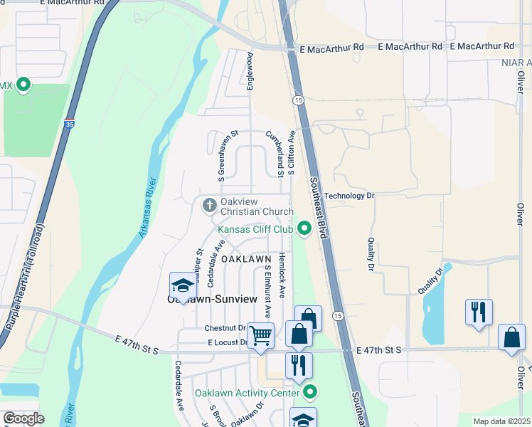 map of restaurants, bars, coffee shops, grocery stores, and more near 4401 South Hemlock Avenue in Wichita