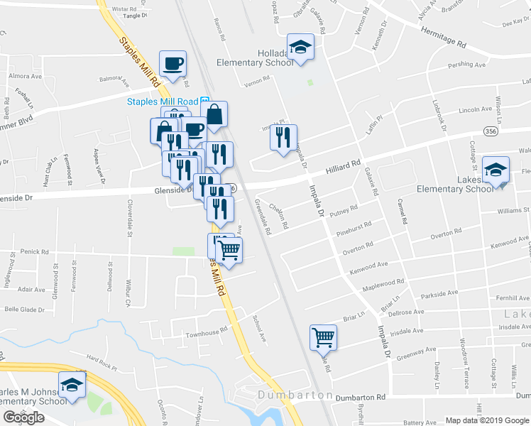 map of restaurants, bars, coffee shops, grocery stores, and more near 6915 Greendale Road in Henrico