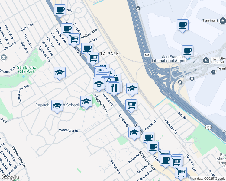 map of restaurants, bars, coffee shops, grocery stores, and more near 1580 El Camino Real in San Bruno