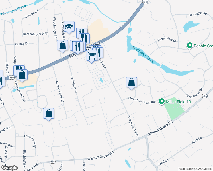map of restaurants, bars, coffee shops, grocery stores, and more near 7415 Pebble Lake Drive in Mechanicsville