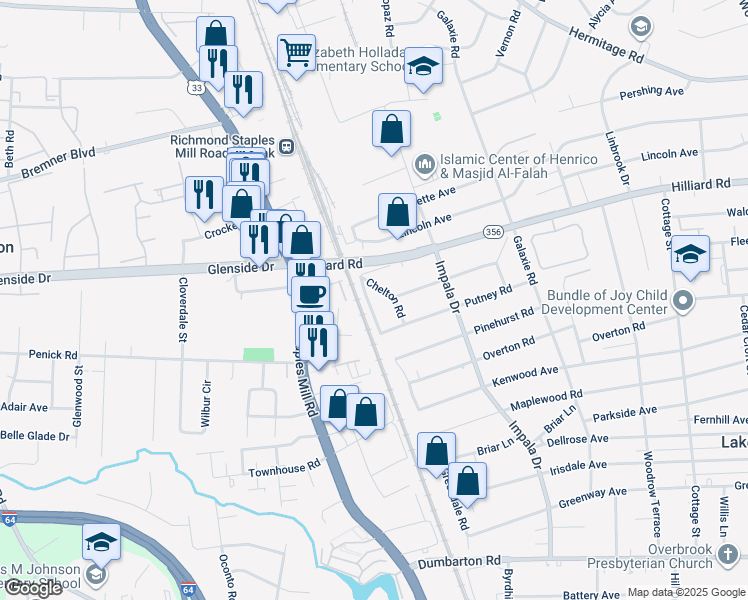 map of restaurants, bars, coffee shops, grocery stores, and more near 6915 Greendale Road in Henrico