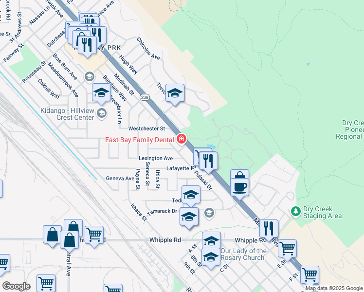 map of restaurants, bars, coffee shops, grocery stores, and more near 32315 Mission Boulevard in Hayward