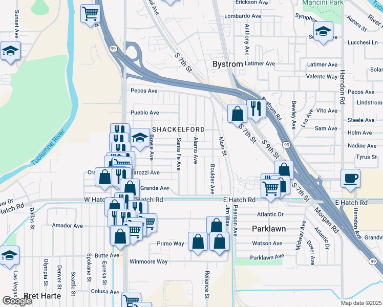 map of restaurants, bars, coffee shops, grocery stores, and more near 410 Broadway Avenue in Modesto