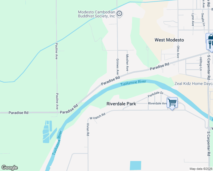 map of restaurants, bars, coffee shops, grocery stores, and more near 2712 Paradise Road in Modesto