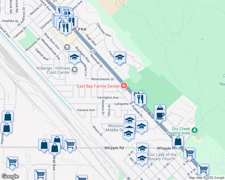 map of restaurants, bars, coffee shops, grocery stores, and more near 393 Cornell Avenue in Hayward