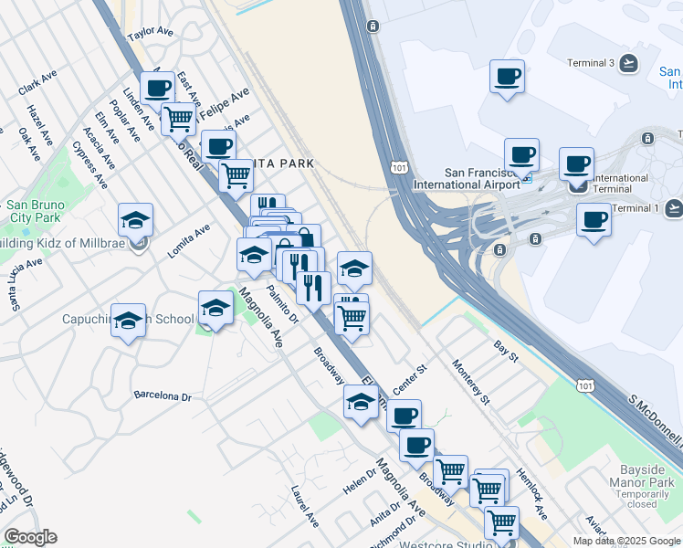 map of restaurants, bars, coffee shops, grocery stores, and more near 1018 San Anselmo Avenue in San Bruno