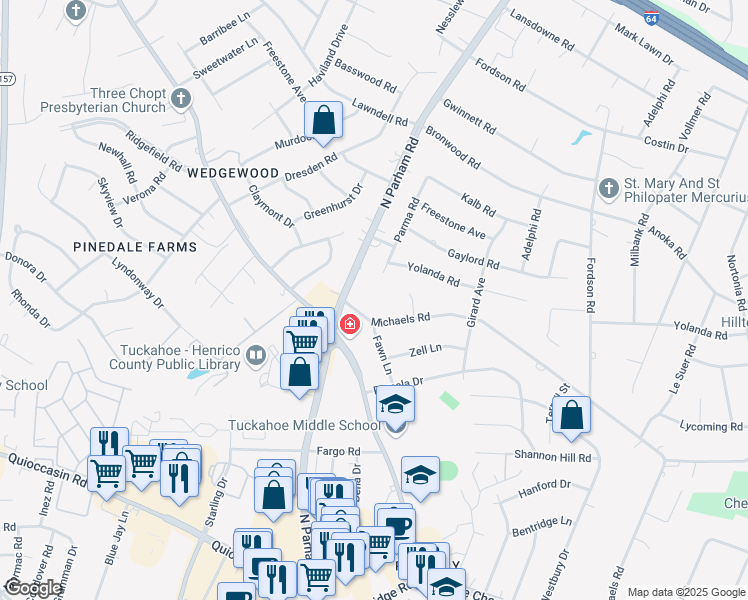 map of restaurants, bars, coffee shops, grocery stores, and more near 1807 North Parham Road in Richmond