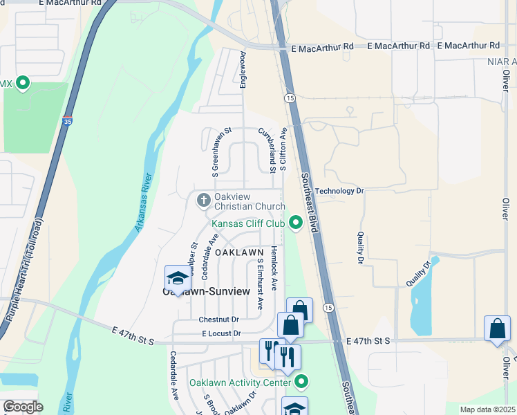 map of restaurants, bars, coffee shops, grocery stores, and more near 4401 South Hemlock Avenue in Wichita