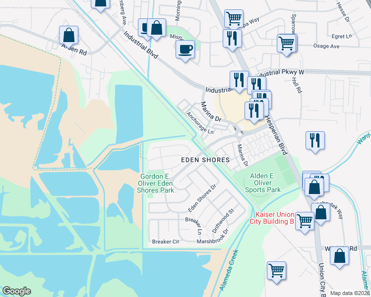 map of restaurants, bars, coffee shops, grocery stores, and more near 2744 Shellgate Circle in Hayward