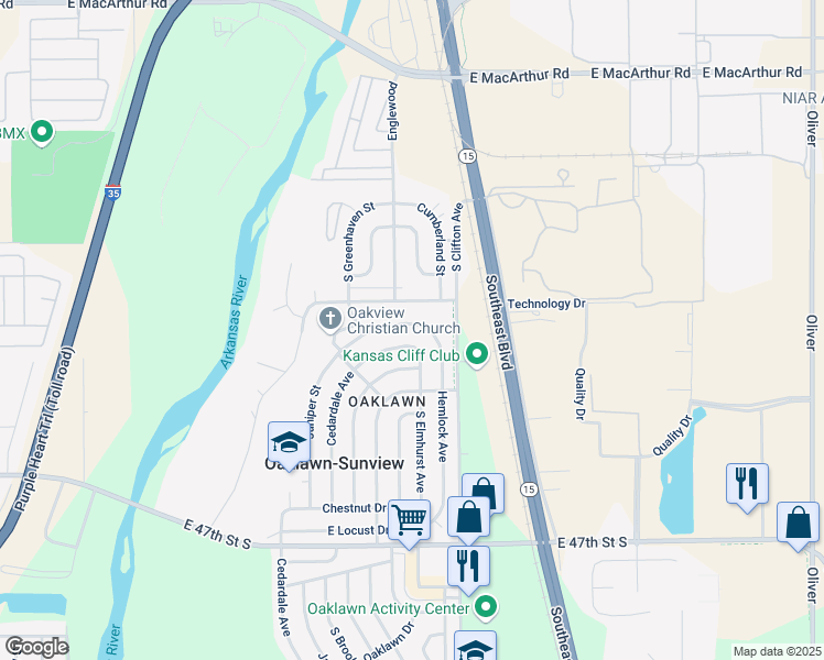 map of restaurants, bars, coffee shops, grocery stores, and more near 4401 Hemlock Avenue in Wichita