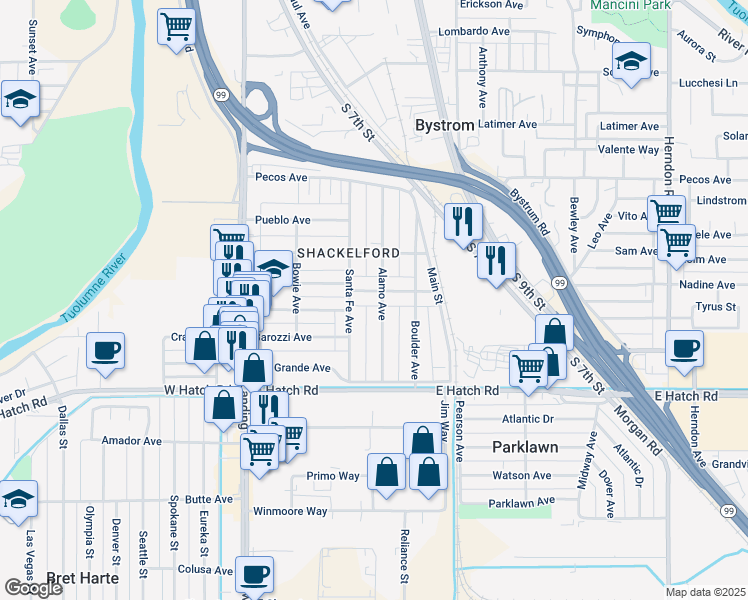 map of restaurants, bars, coffee shops, grocery stores, and more near 410 Broadway Avenue in Modesto