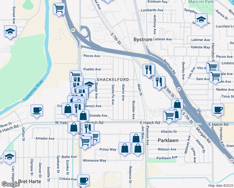 map of restaurants, bars, coffee shops, grocery stores, and more near 410 Broadway Avenue in Modesto