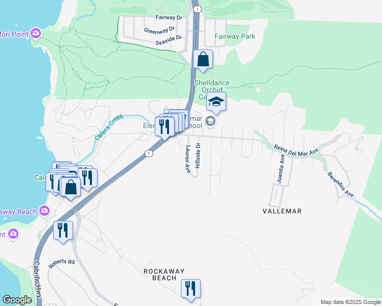 map of restaurants, bars, coffee shops, grocery stores, and more near 231 Lauren Avenue in Pacifica