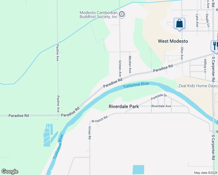 map of restaurants, bars, coffee shops, grocery stores, and more near 2712 Paradise Road in Modesto