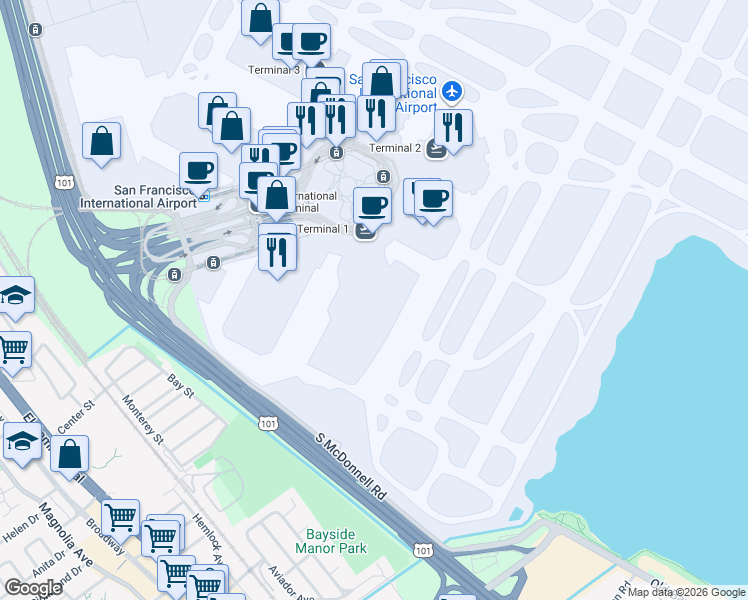 map of restaurants, bars, coffee shops, grocery stores, and more near 296 Domestic Terminals Arrivals Level in San Francisco