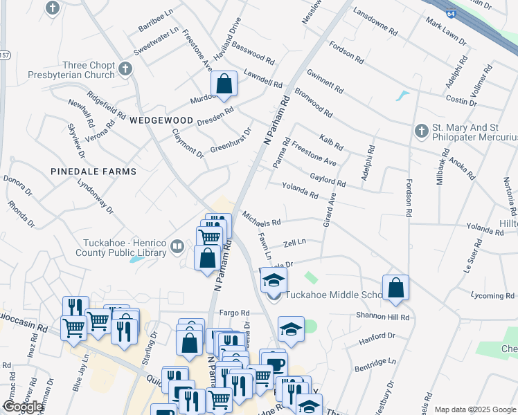 map of restaurants, bars, coffee shops, grocery stores, and more near 1807 North Parham Road in Richmond