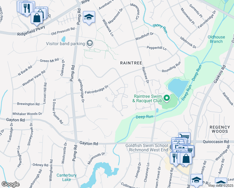 map of restaurants, bars, coffee shops, grocery stores, and more near 1800 Fairwind Circle in Richmond